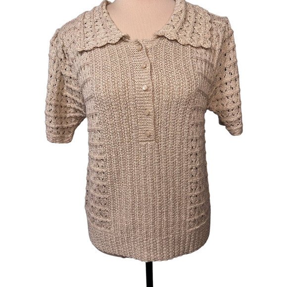NWT Bluivy Tan Crocheted Button Front Polo Sweater Size S - Picture 1 of 5